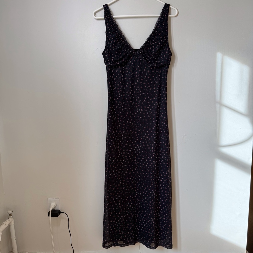 Y2K babydoll maxi dress floral mesh overlay lined frilly trim coquette dainty